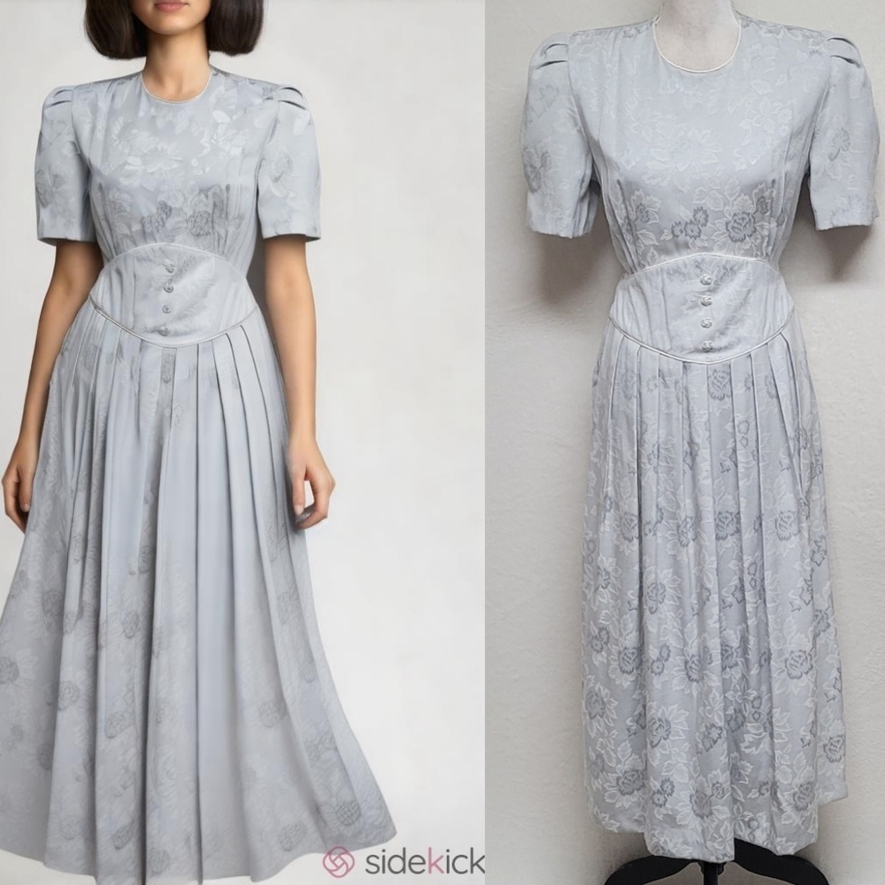 Studio C 80s Vintage Seafoam Green Satin Cabbage Rose Puff Sleeve Midi Dress 12